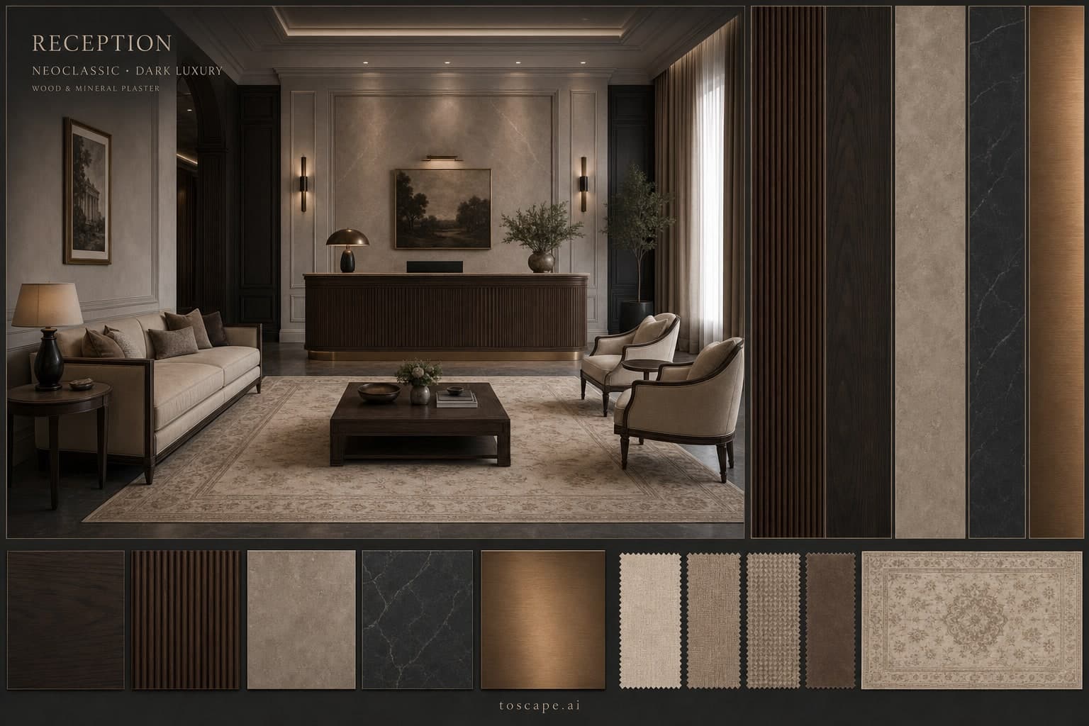 Neoclassic Dark Luxury Reception — Satin interior moodboard plate