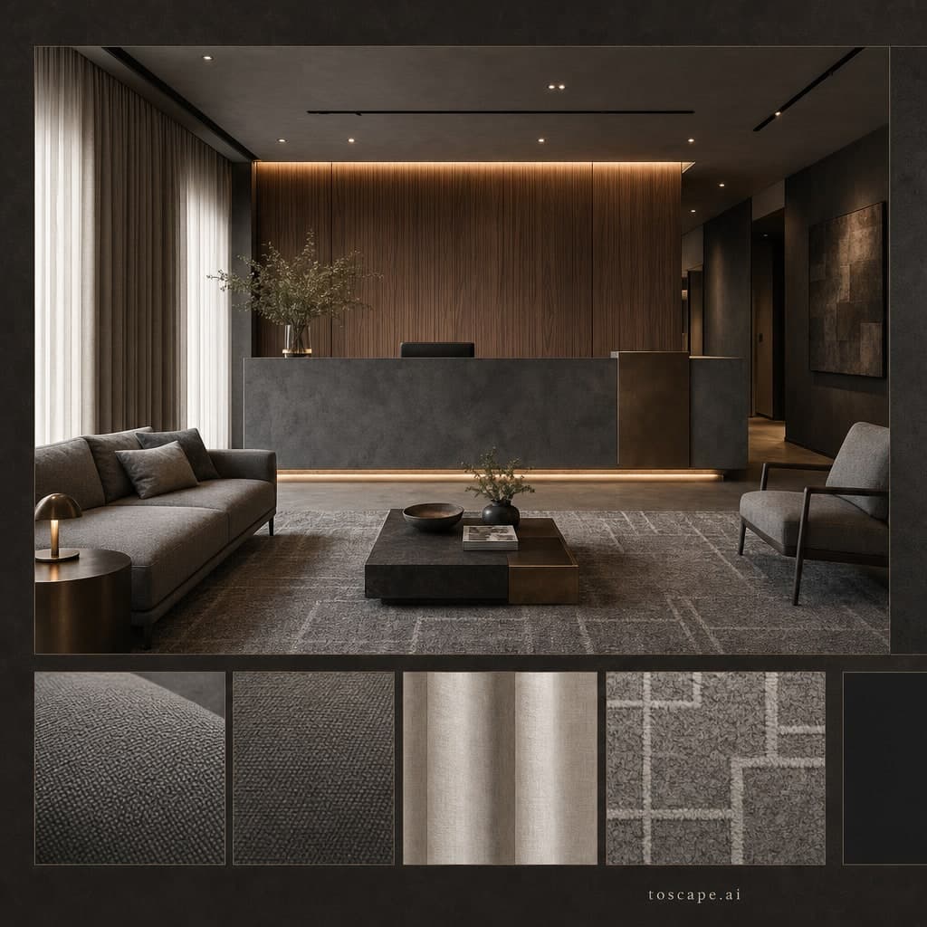 Modern Dark Luxury Reception — Satin interior moodboard card