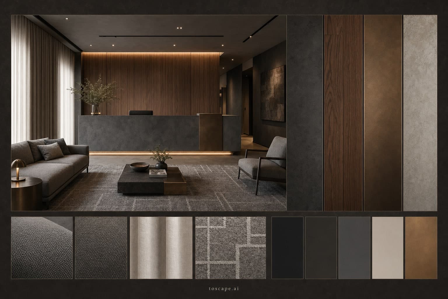 Modern Dark Luxury Reception — Satin interior moodboard plate