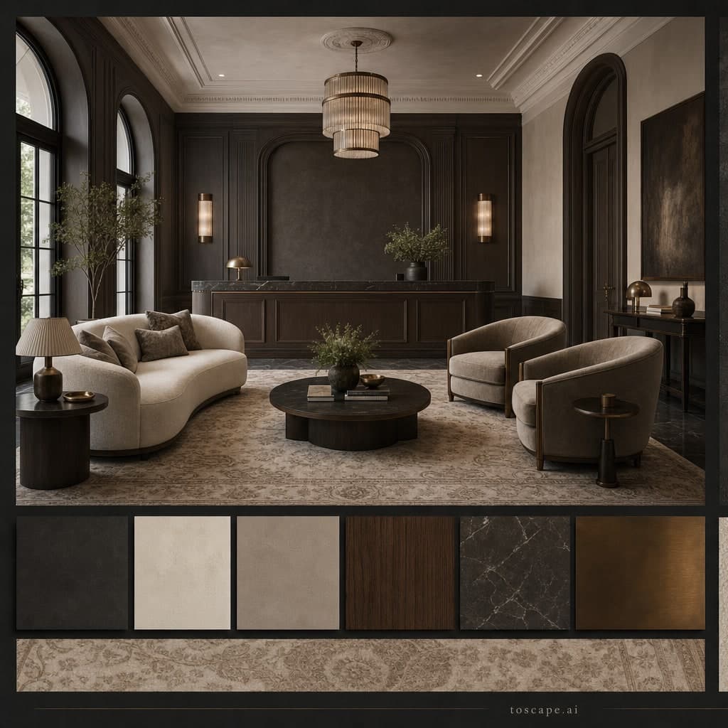 Neoclassic Dark Luxury Reception — Satin interior moodboard card