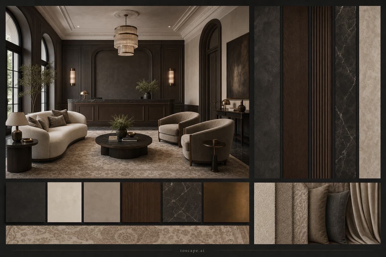 Neoclassic Dark Luxury Reception — Satin interior moodboard plate