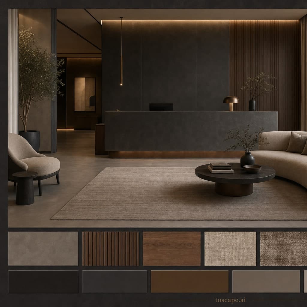 Modern Dark Luxury Reception — Matte interior moodboard card