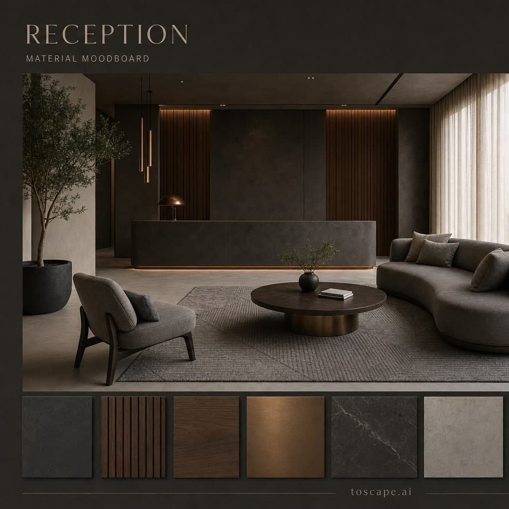 Modern Dark Luxury Reception — Satin interior moodboard card