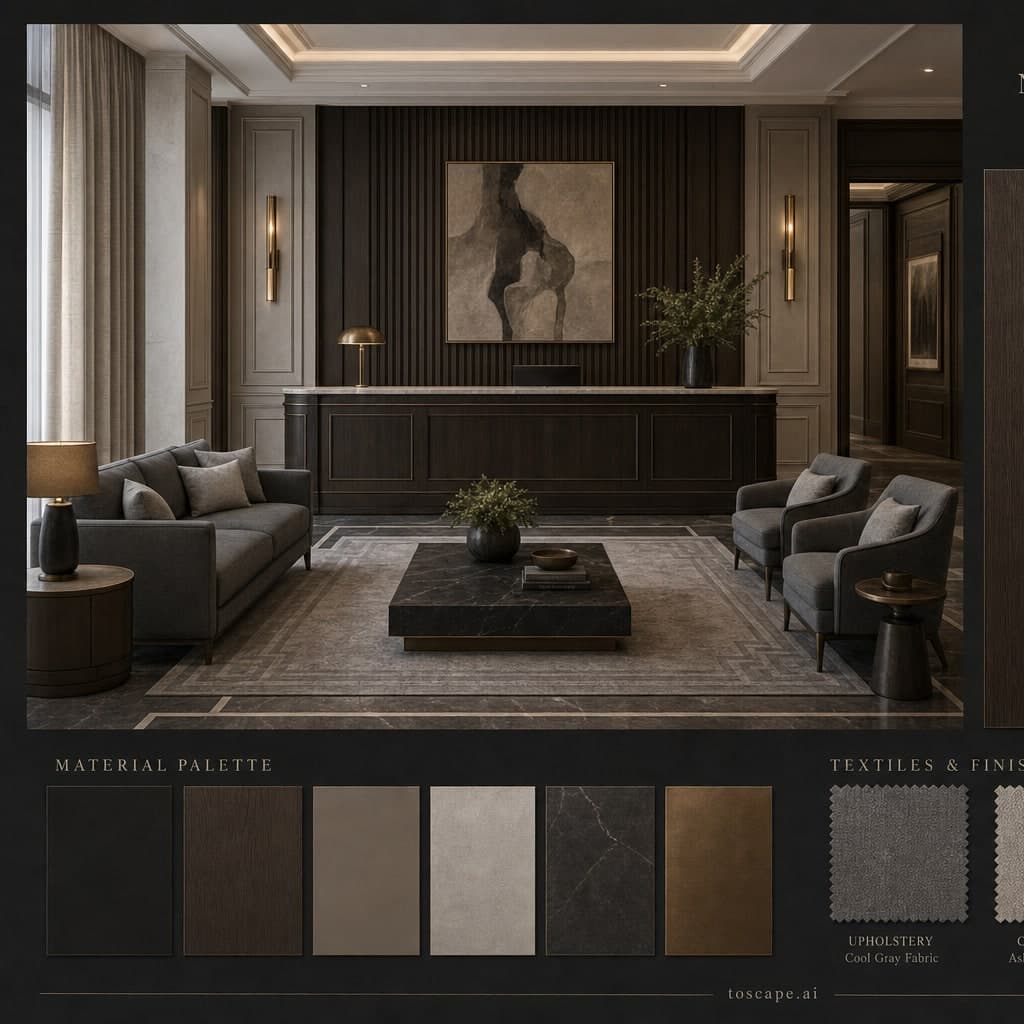 Neoclassic Dark Luxury Reception — Matte interior moodboard card