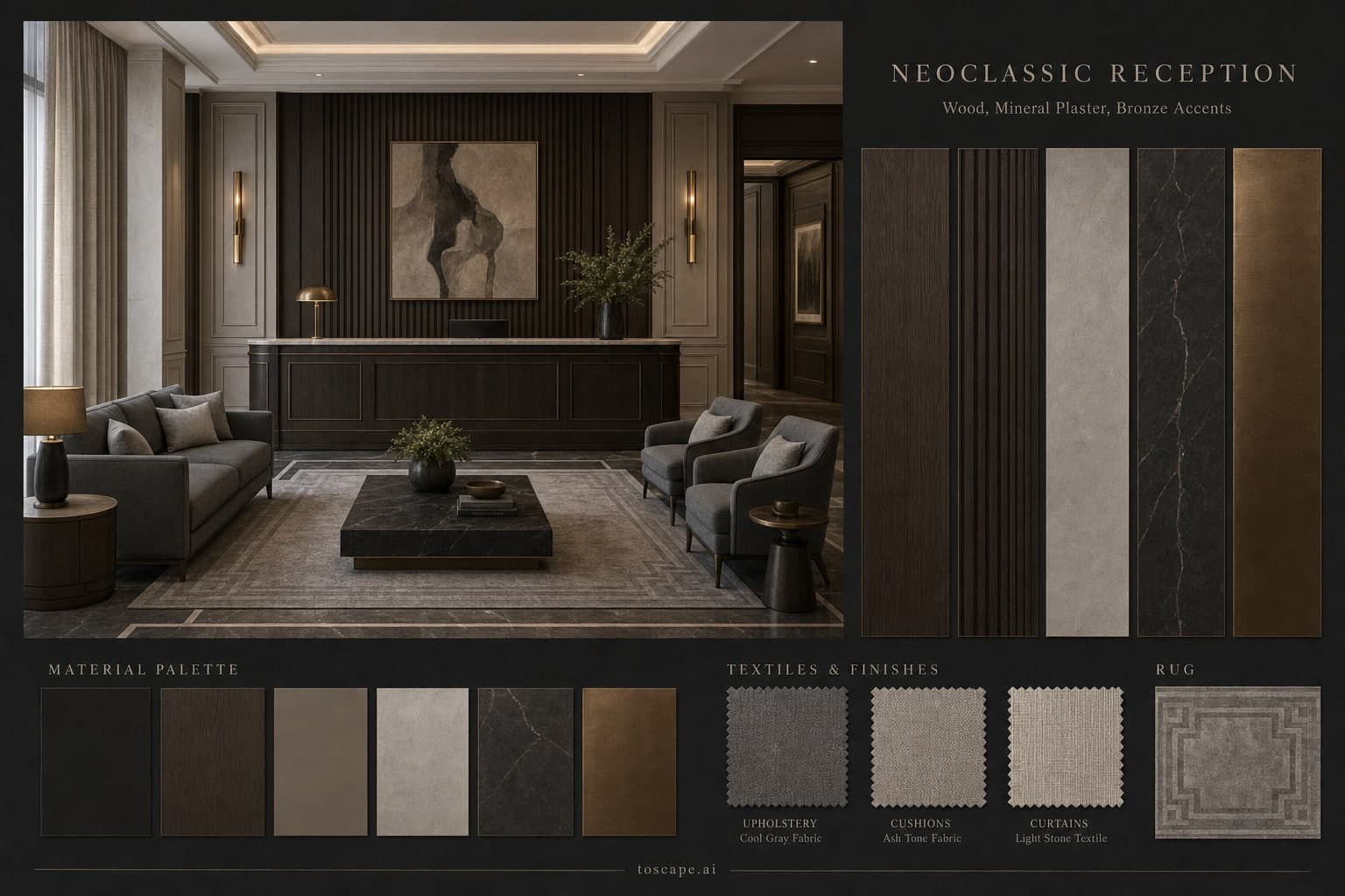 Neoclassic Dark Luxury Reception — Matte interior moodboard plate