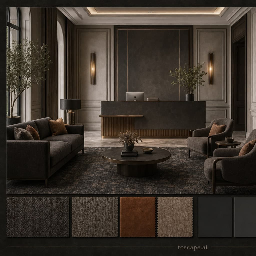 Neoclassic Dark Luxury Reception — Honed Stone interior moodboard card