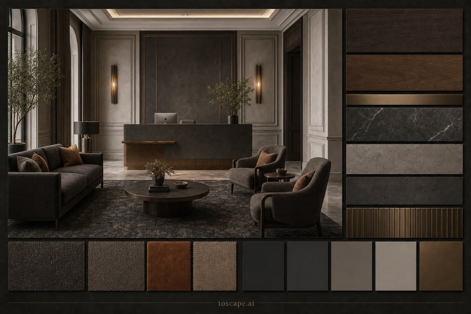 Neoclassic Dark Luxury Reception — Honed Stone interior moodboard plate
