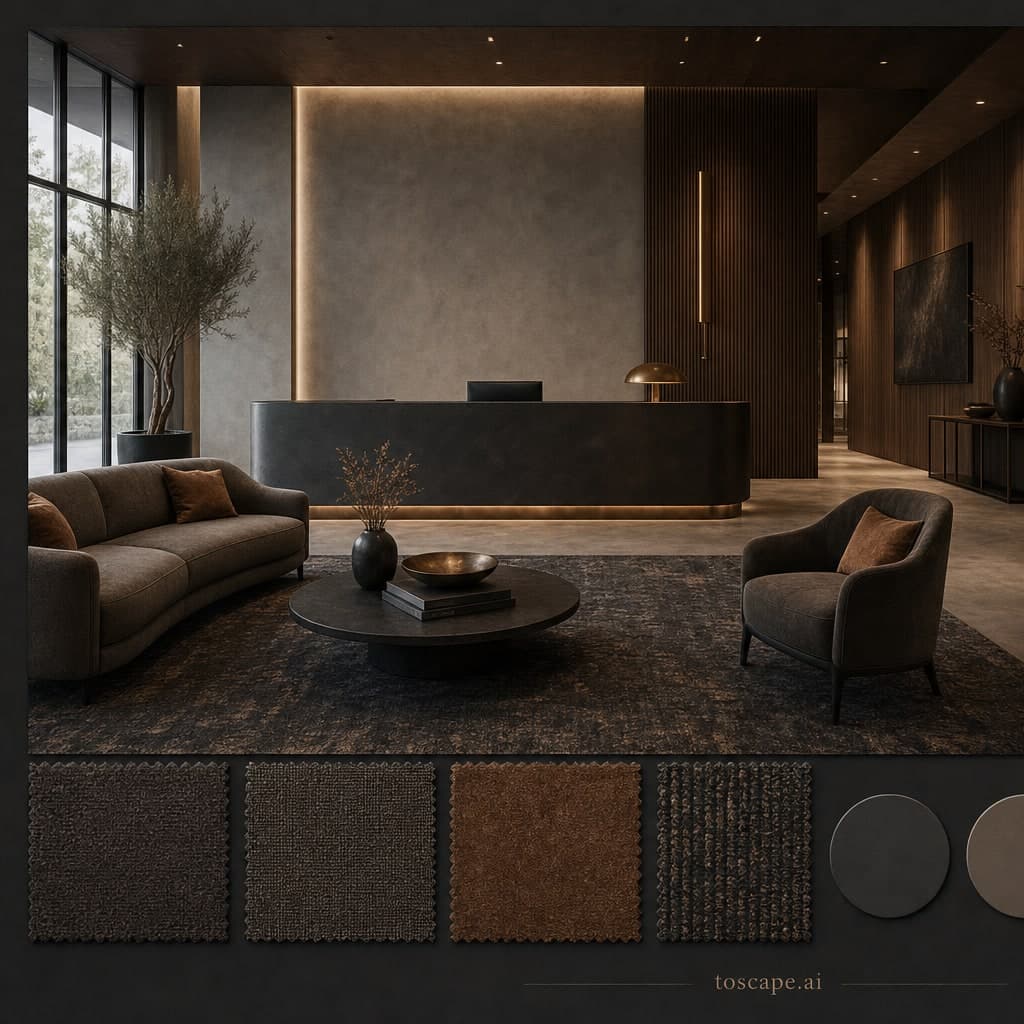 Modern Dark Luxury Reception — Brushed Metal interior moodboard card