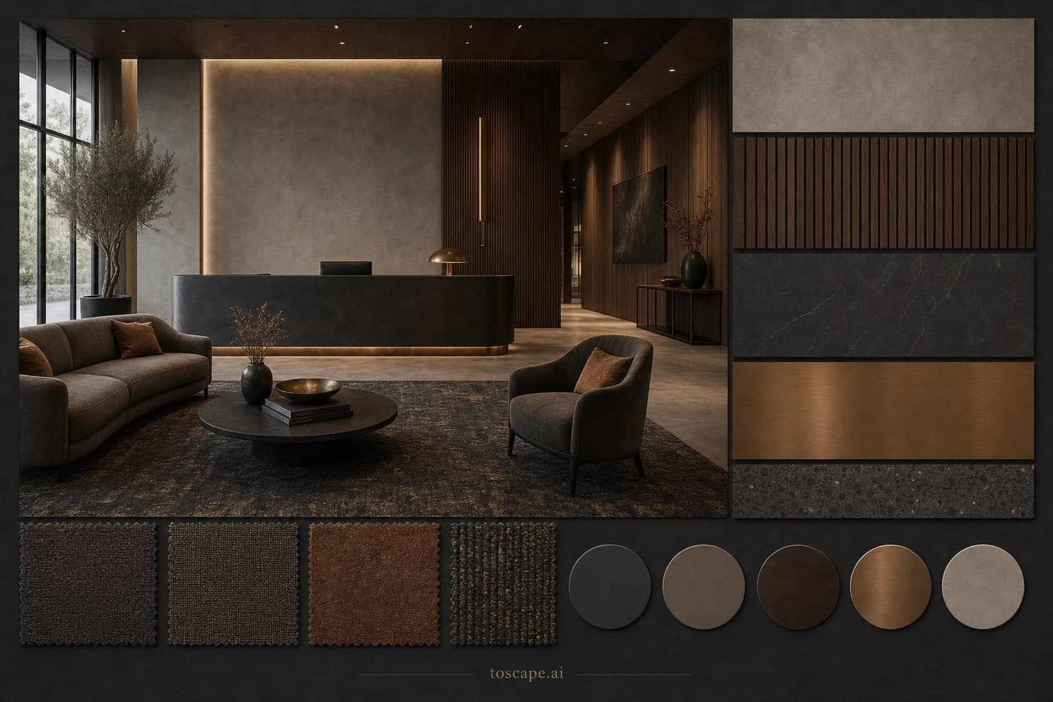 Modern Dark Luxury Reception — Brushed Metal interior moodboard plate