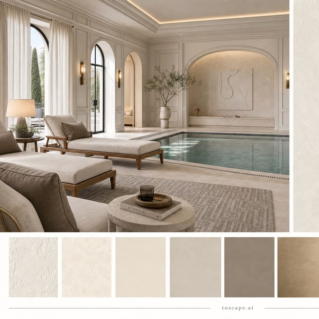 Neoclassic Light Luxury Pool Lounge — Matte interior moodboard card