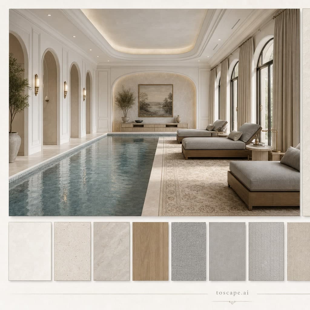 Neoclassic Light Luxury Pool Lounge — Satin interior moodboard card