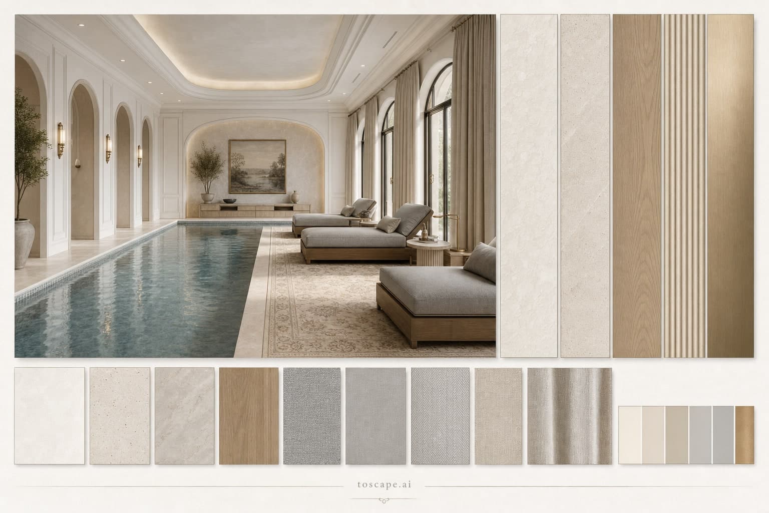 Neoclassic Light Luxury Pool Lounge — Satin interior moodboard plate
