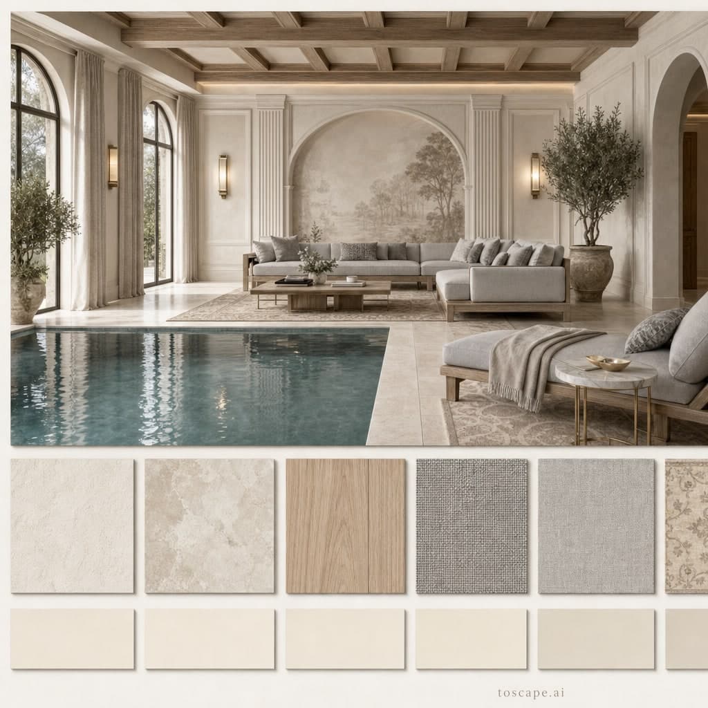 Neoclassic Light Luxury Pool Lounge — Satin interior moodboard card
