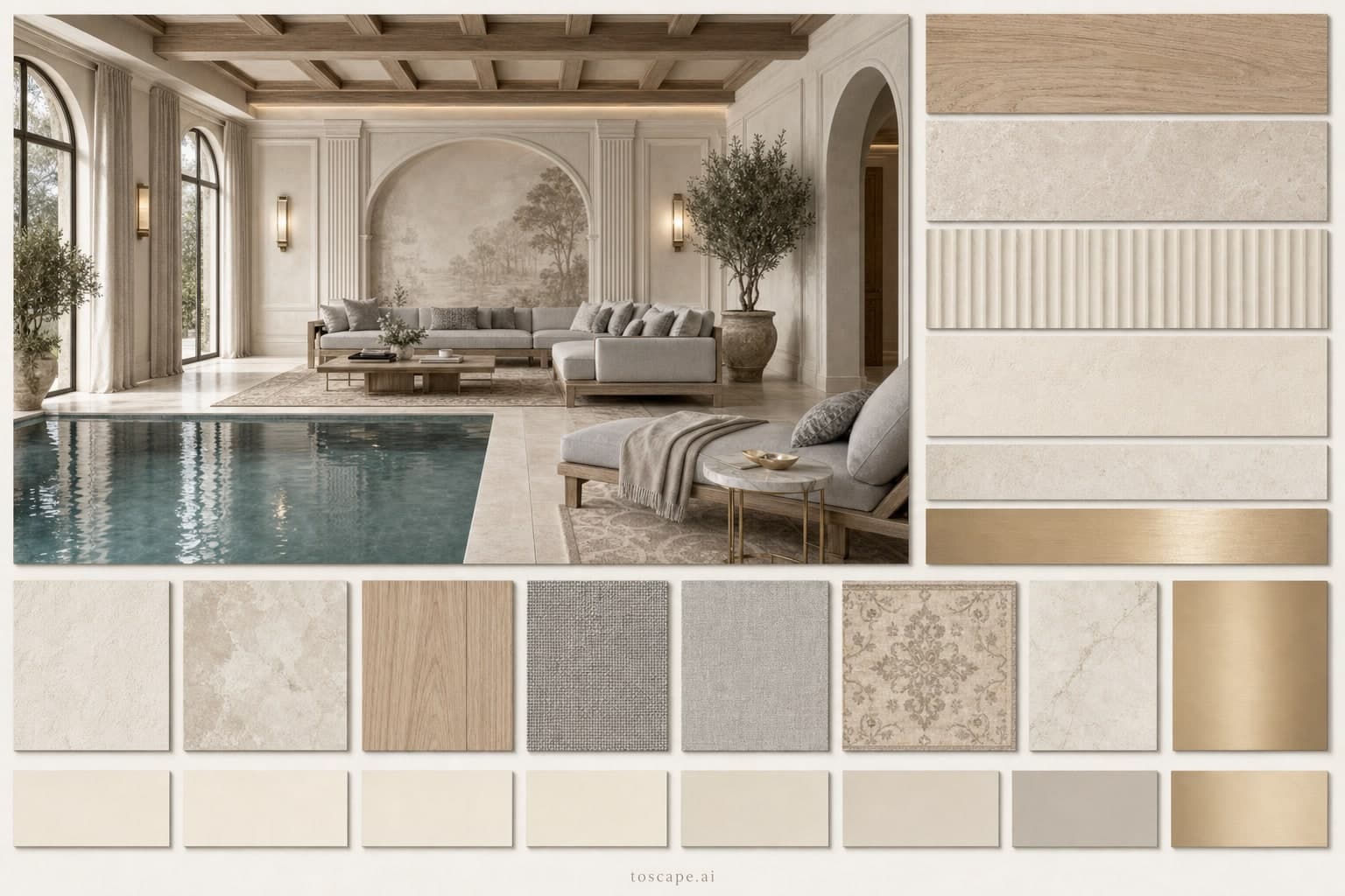 Neoclassic Light Luxury Pool Lounge — Satin interior moodboard plate