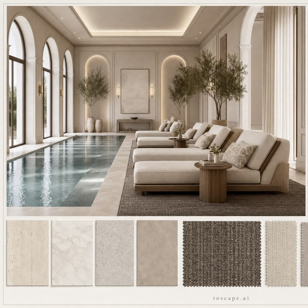 Neoclassic Light Luxury Pool Lounge — Honed Stone interior moodboard card