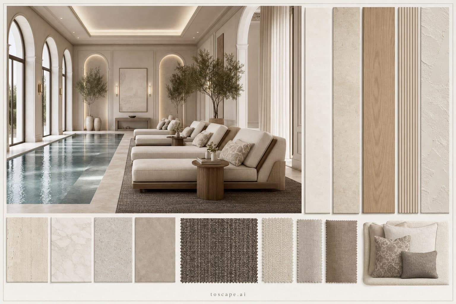 Neoclassic Light Luxury Pool Lounge — Honed Stone interior moodboard plate