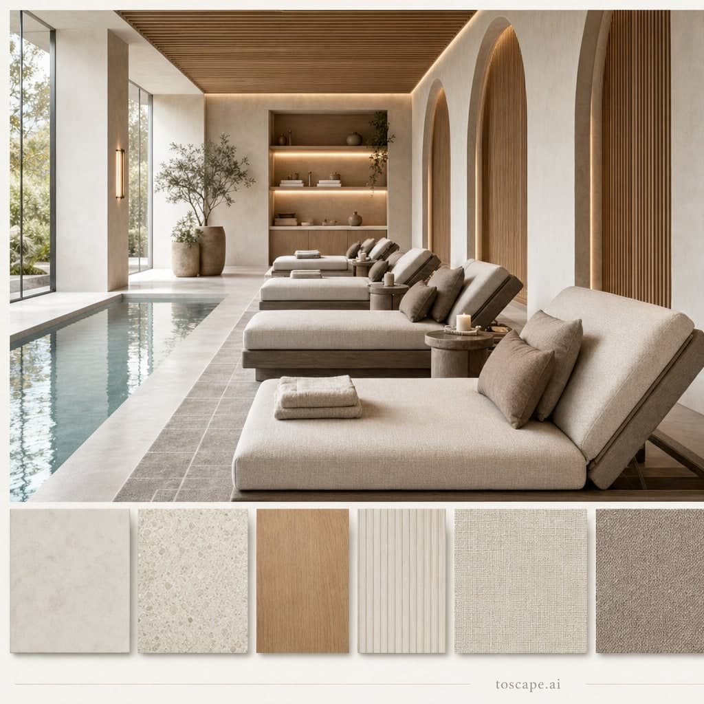 Modern Light Luxury Pool Lounge — Satin interior moodboard card