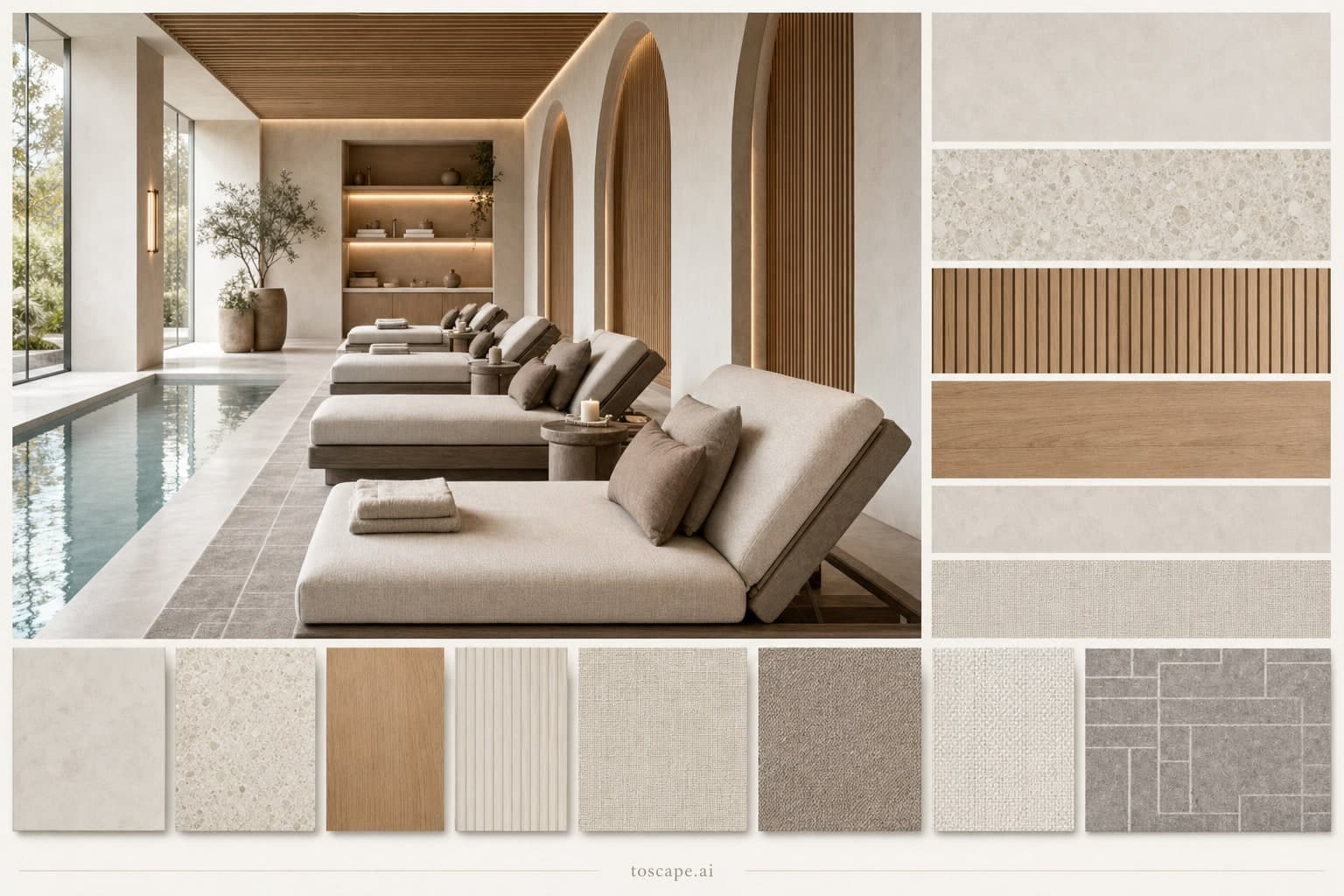 Modern Light Luxury Pool Lounge — Satin interior moodboard plate