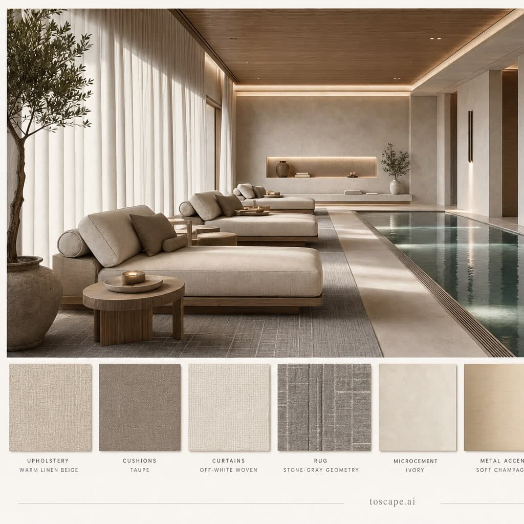 Modern Light Luxury Pool Lounge — Satin interior moodboard card