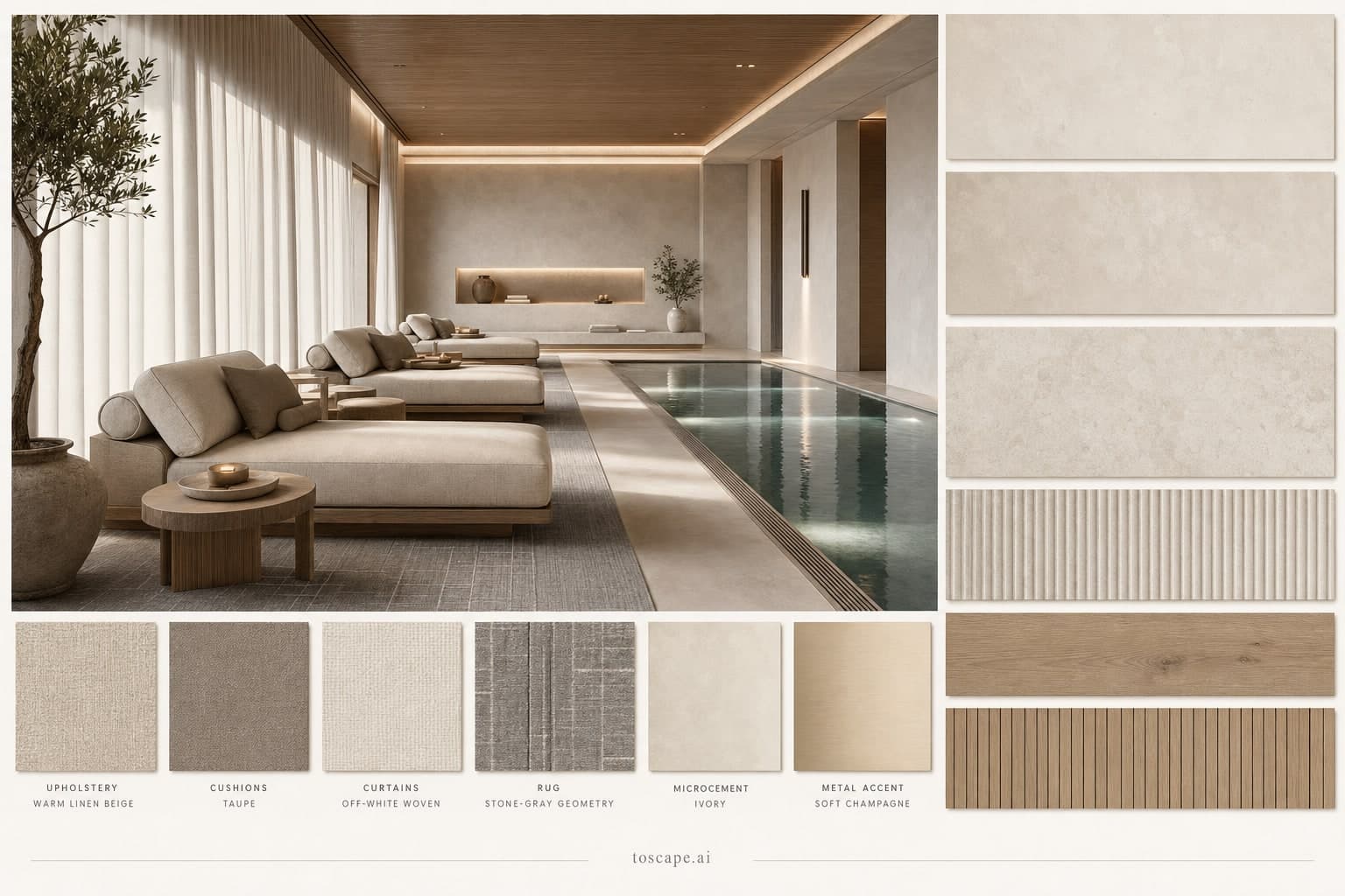Modern Light Luxury Pool Lounge — Satin interior moodboard plate