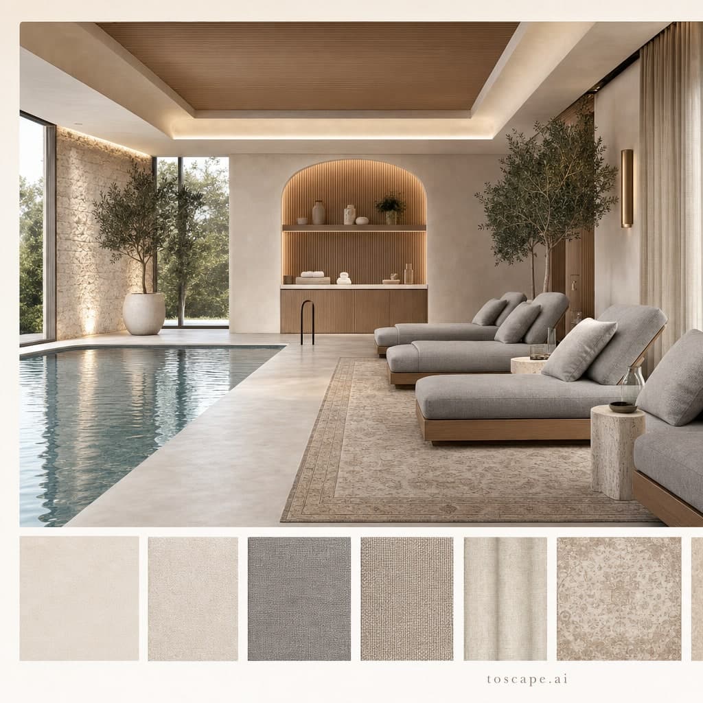 Modern Light Luxury Pool Lounge — Honed Stone interior moodboard card