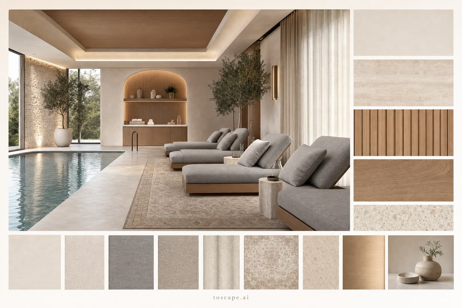 Modern Light Luxury Pool Lounge — Honed Stone interior moodboard plate