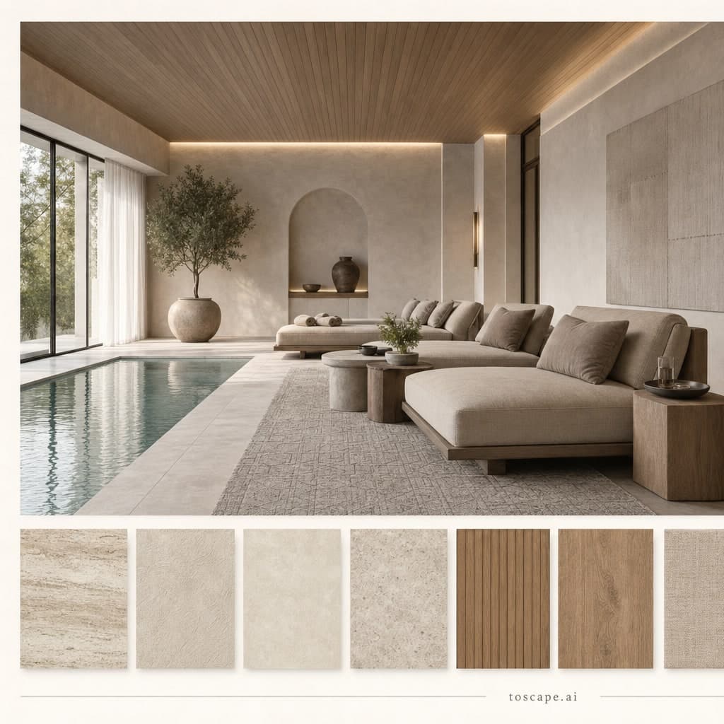 Modern Warm Neutral Pool Lounge — Satin interior moodboard card