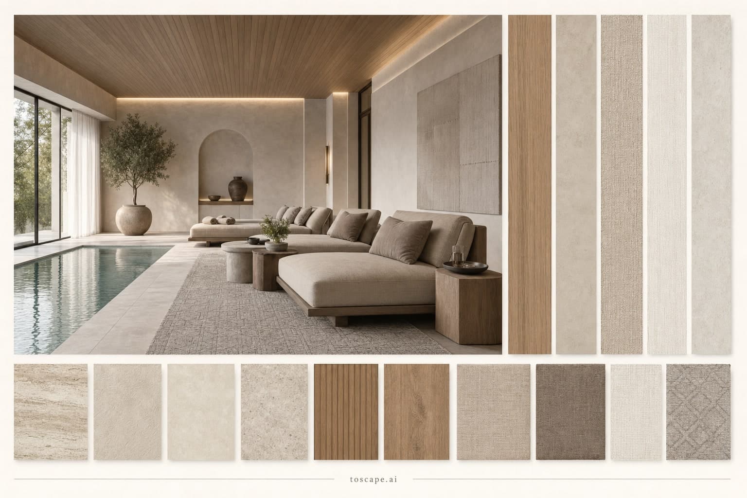 Modern Warm Neutral Pool Lounge — Satin interior moodboard plate