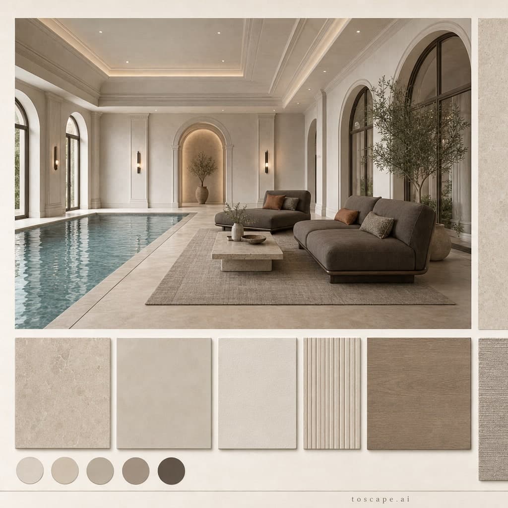 Neoclassic Warm Neutral Pool Lounge — Brushed Metal interior moodboard card