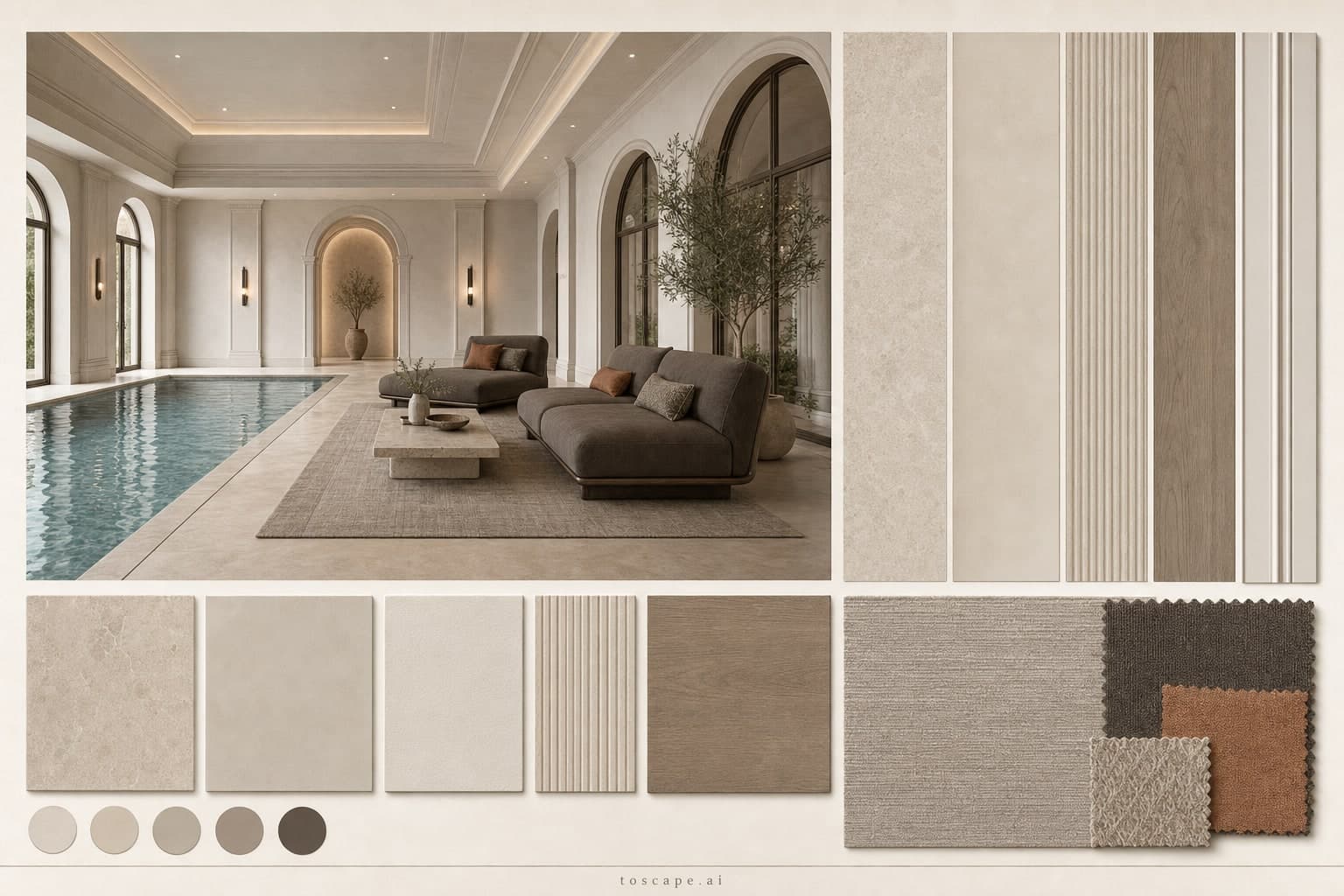 Neoclassic Warm Neutral Pool Lounge — Brushed Metal interior moodboard plate