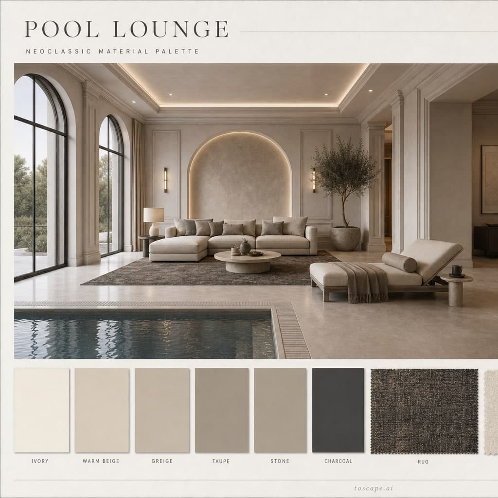 Neoclassic Warm Neutral Pool Lounge — Honed Stone interior moodboard card