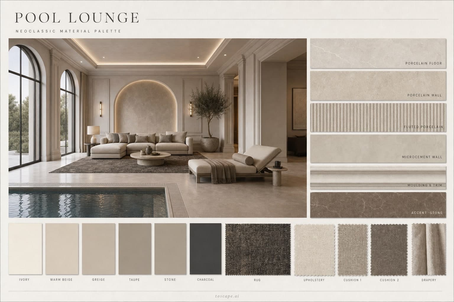 Neoclassic Warm Neutral Pool Lounge — Honed Stone interior moodboard plate