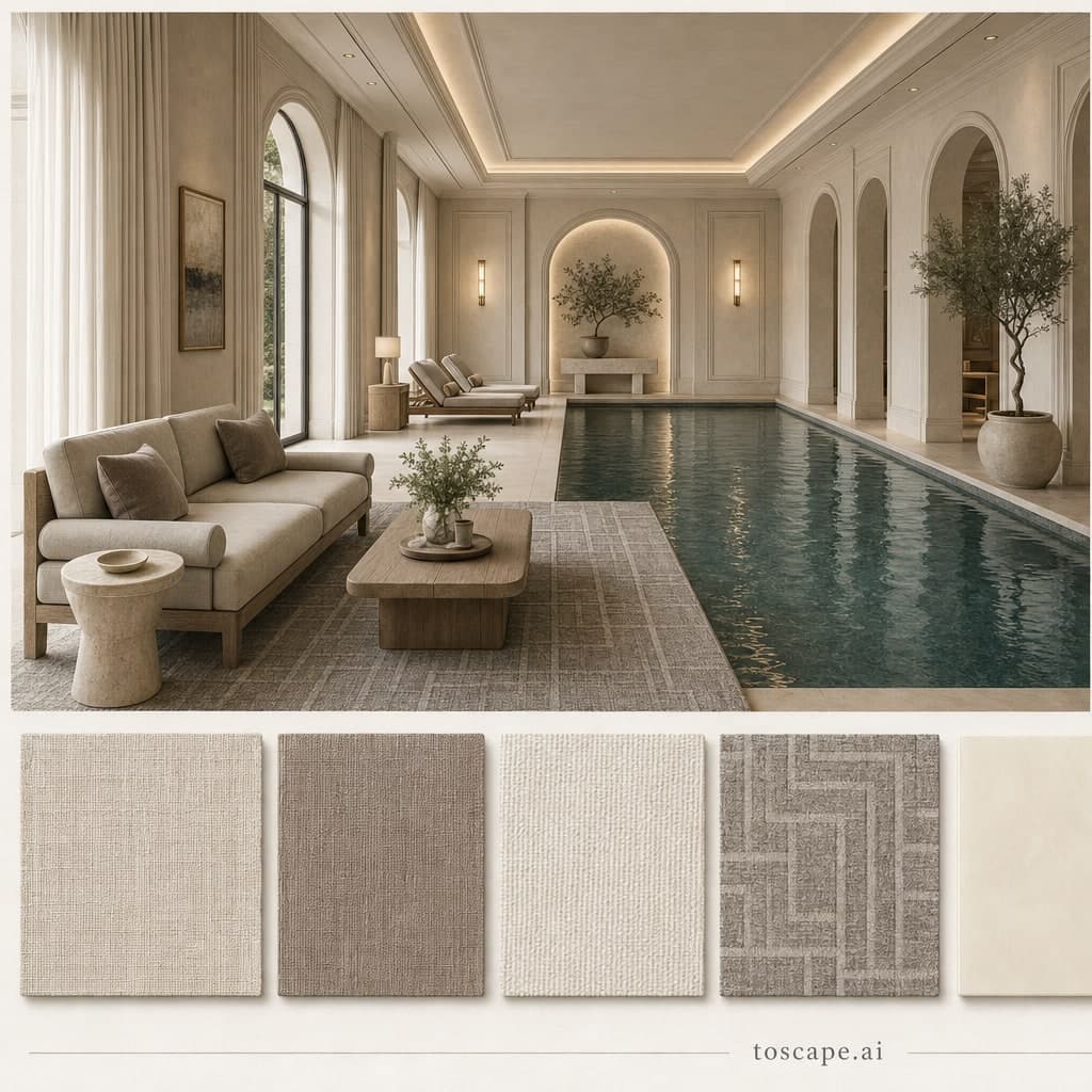 Neoclassic Light Luxury Pool Lounge — Matte interior moodboard card
