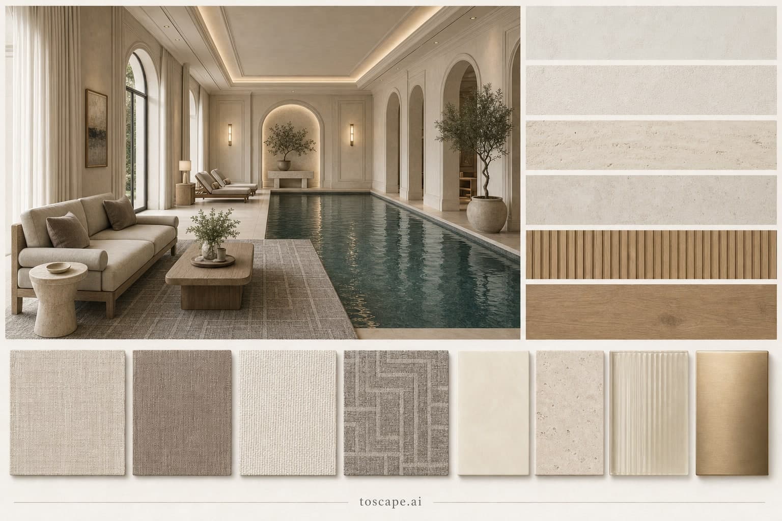 Neoclassic Light Luxury Pool Lounge — Matte interior moodboard plate