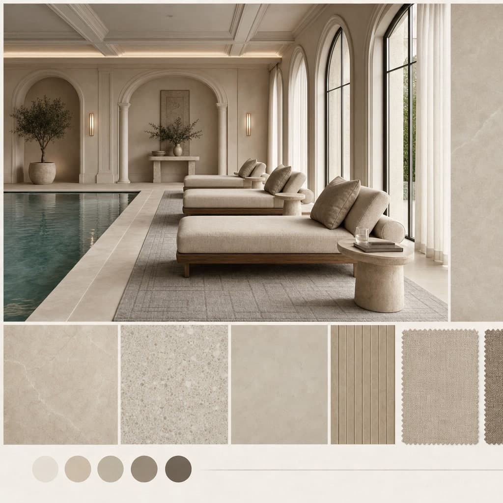 Neoclassic Warm Neutral Pool Lounge — Matte interior moodboard card