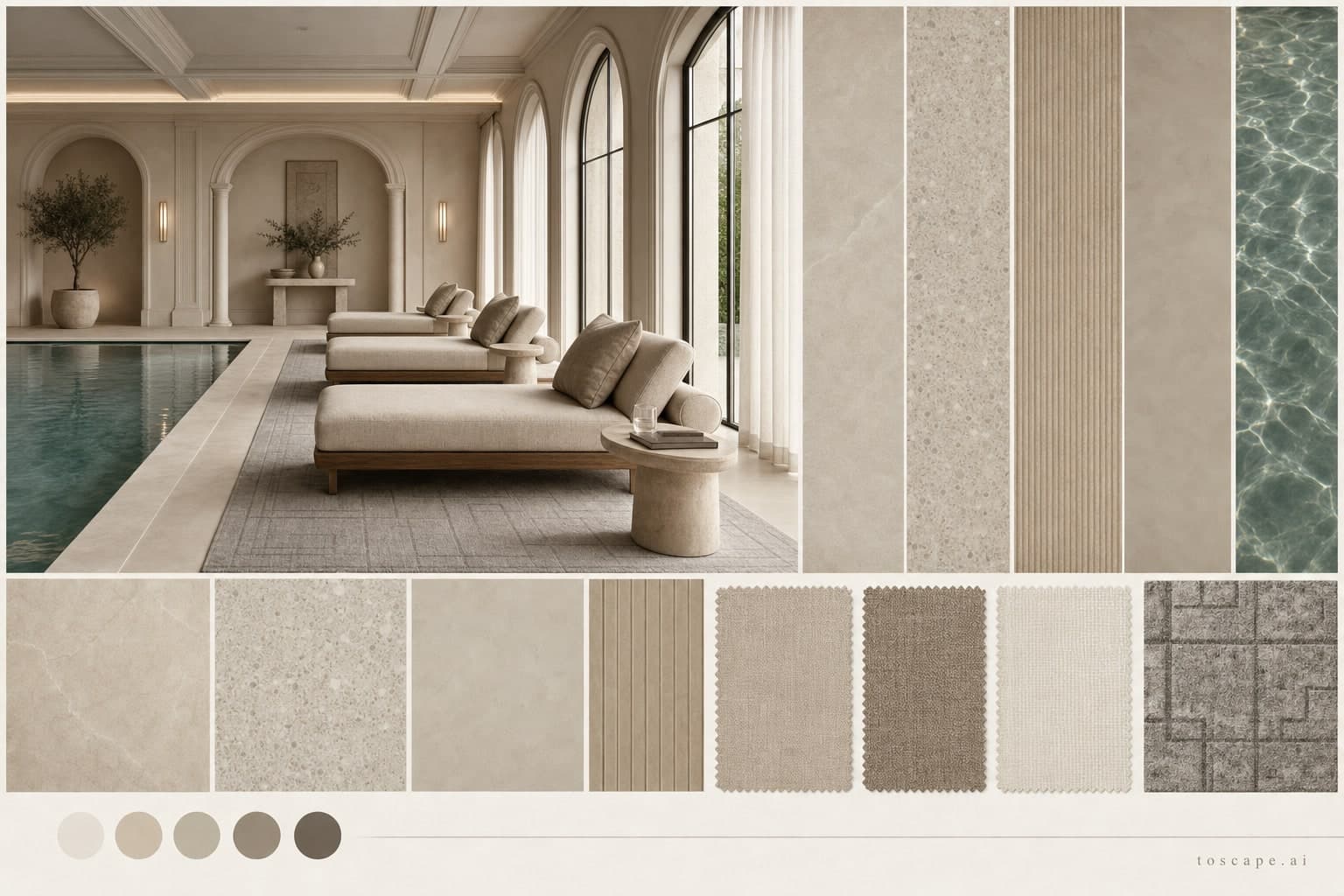 Neoclassic Warm Neutral Pool Lounge — Matte interior moodboard plate