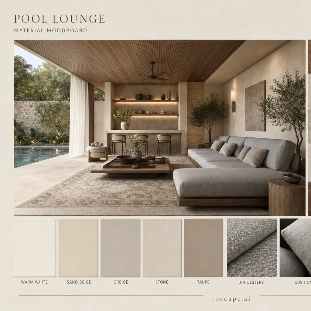 Modern Warm Neutral Pool Lounge — Honed Stone interior moodboard card