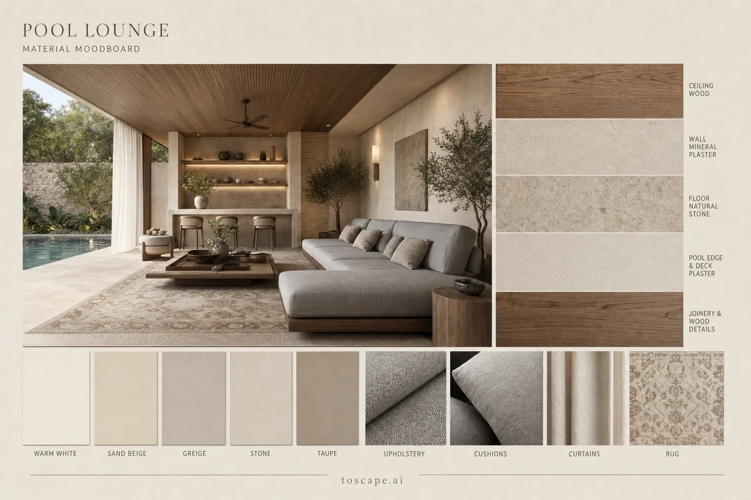 Modern Warm Neutral Pool Lounge — Honed Stone interior moodboard plate