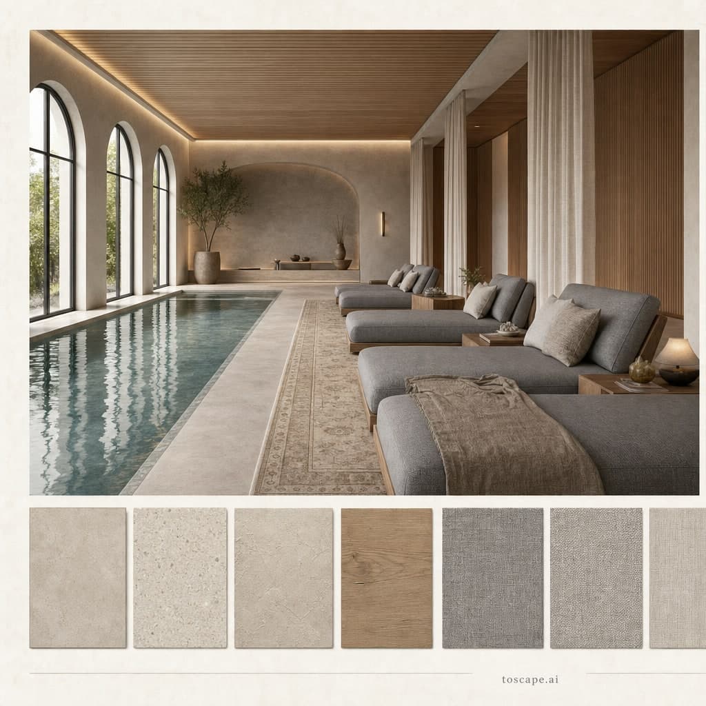 Modern Warm Neutral Pool Lounge — Honed Stone interior moodboard card