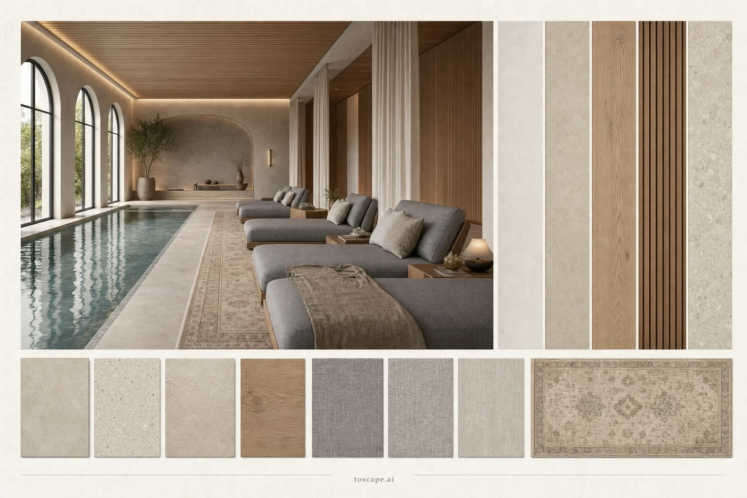 Modern Warm Neutral Pool Lounge — Honed Stone interior moodboard plate
