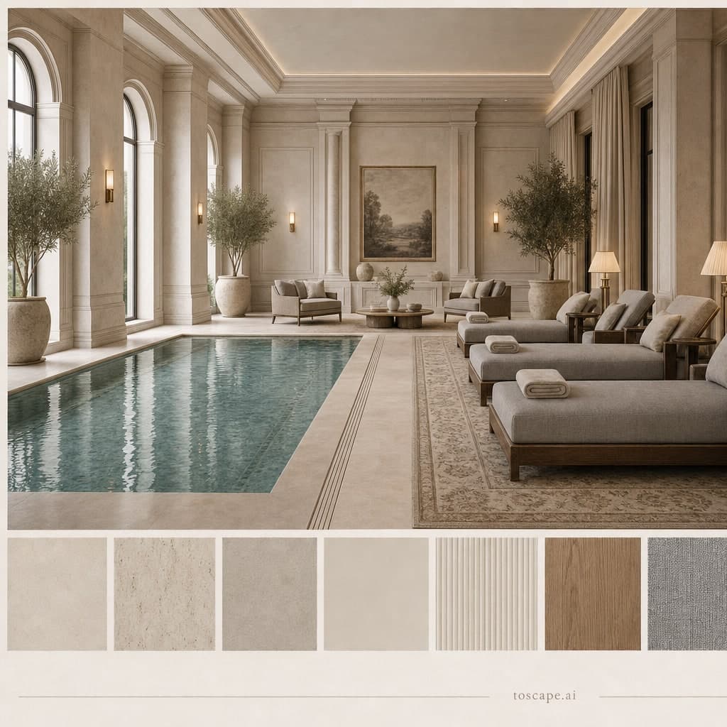 Neoclassic Warm Neutral Pool Lounge — Satin interior moodboard card