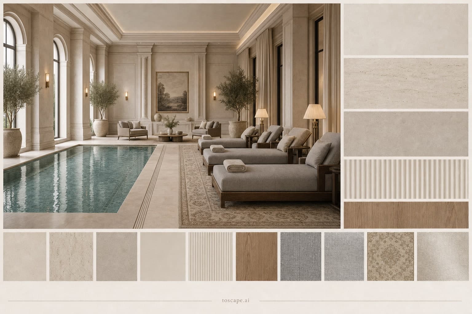 Neoclassic Warm Neutral Pool Lounge — Satin interior moodboard plate