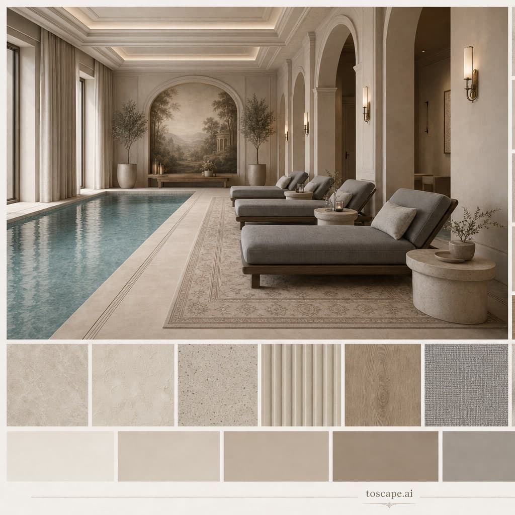 Neoclassic Warm Neutral Pool Lounge — Satin interior moodboard card