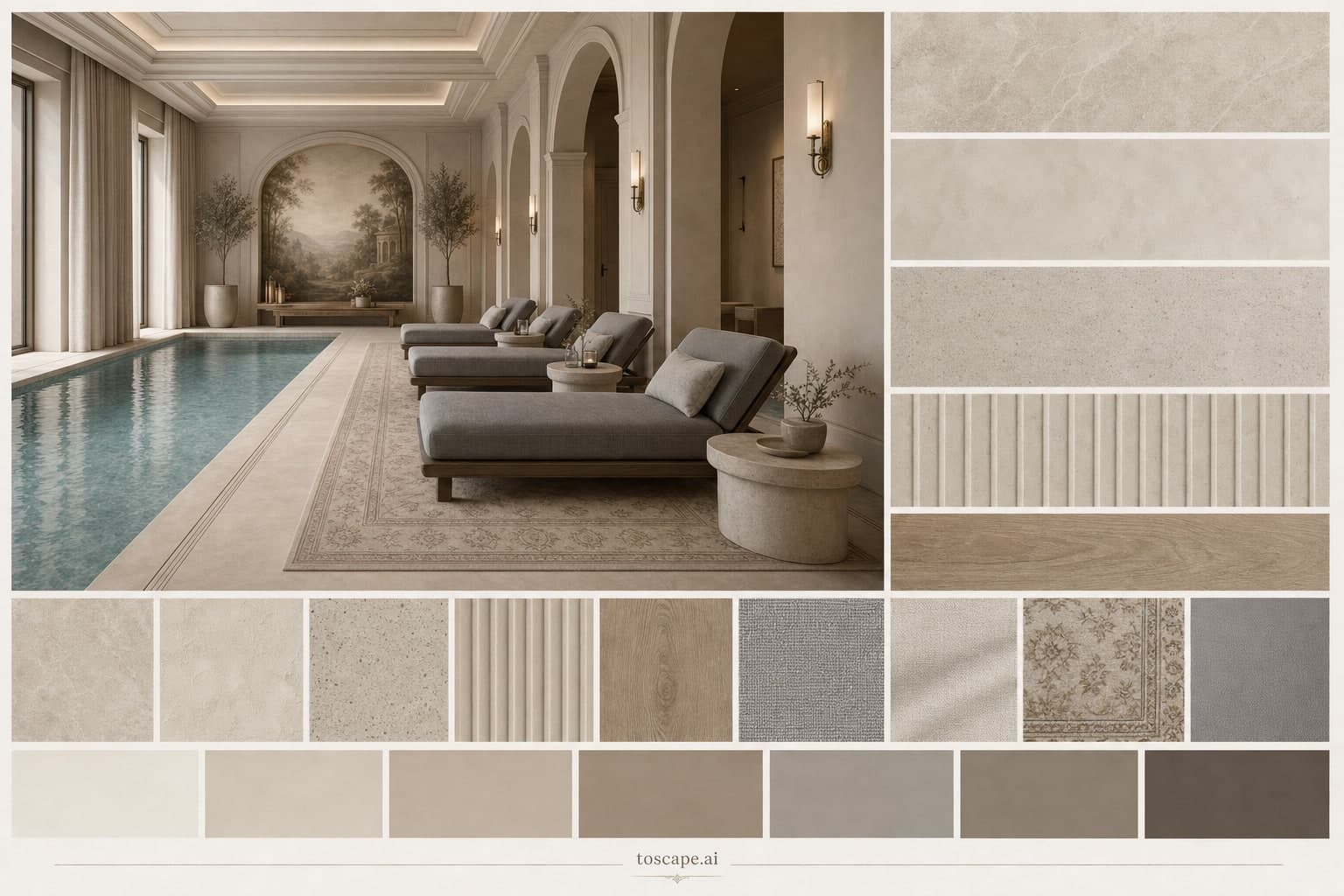 Neoclassic Warm Neutral Pool Lounge — Satin interior moodboard plate