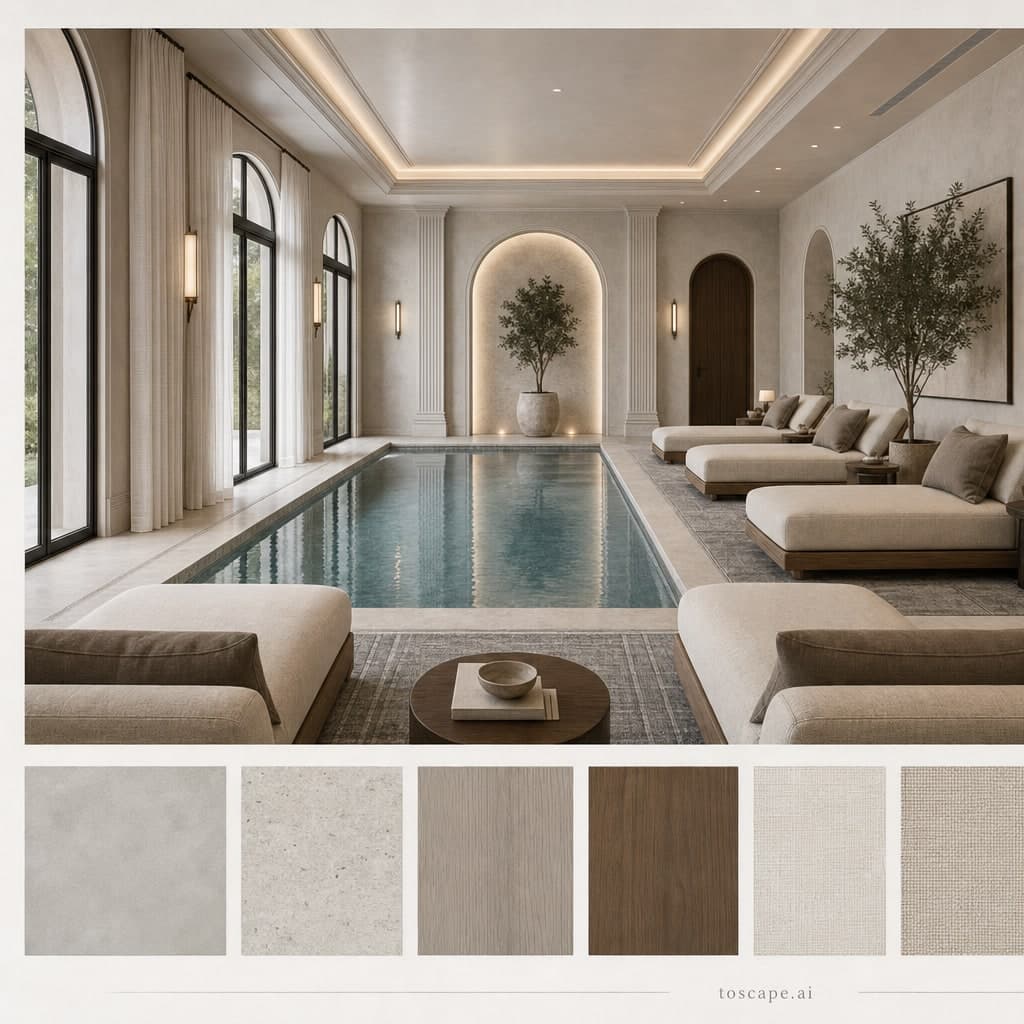 Neoclassic Cool Neutral Pool Lounge — Matte interior moodboard card