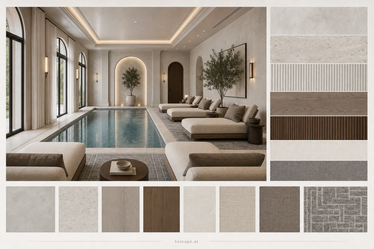 Neoclassic Cool Neutral Pool Lounge — Matte interior moodboard plate