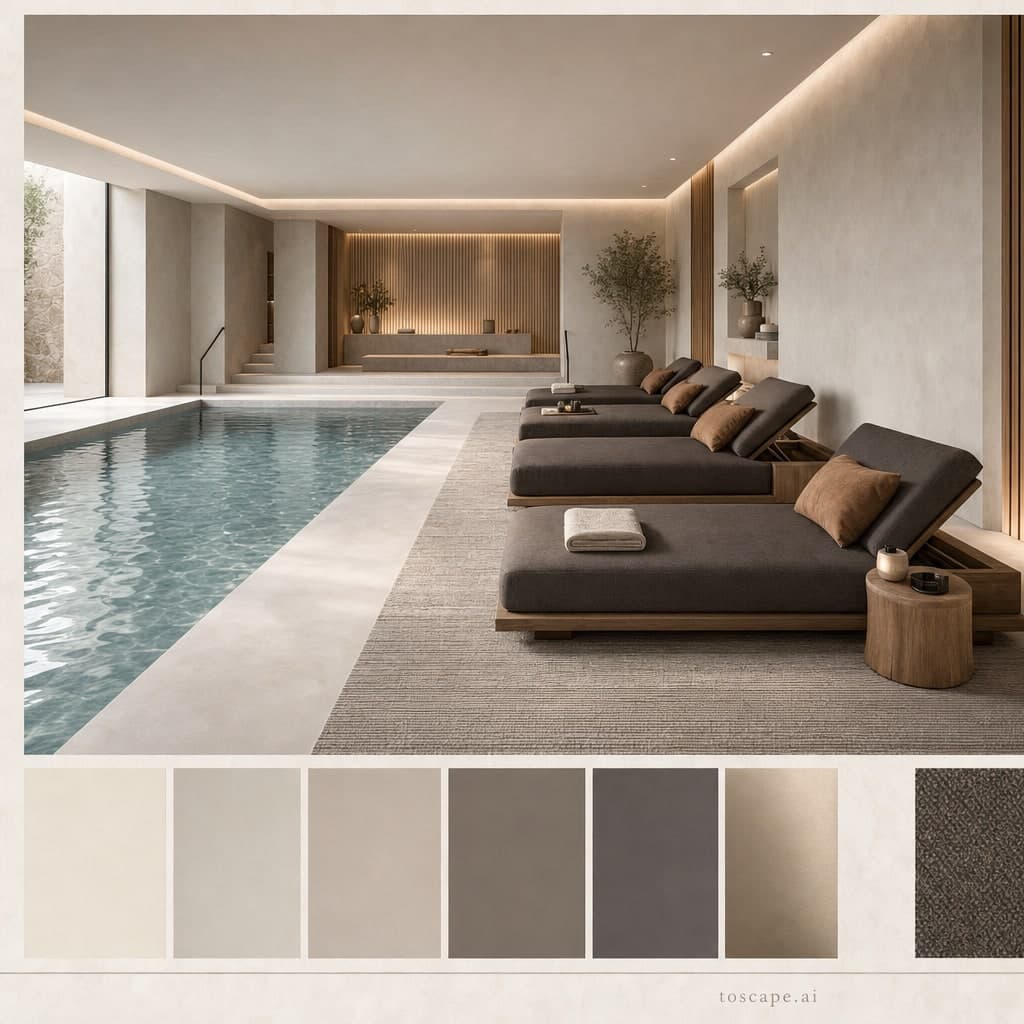 Modern Light Luxury Pool Lounge — Matte interior moodboard card