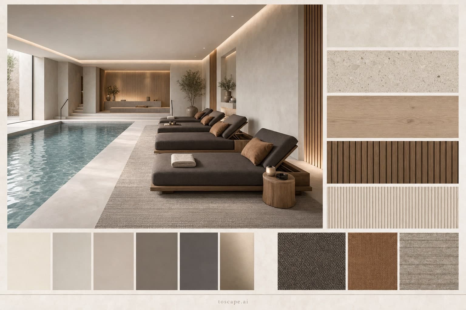 Modern Light Luxury Pool Lounge — Matte interior moodboard plate