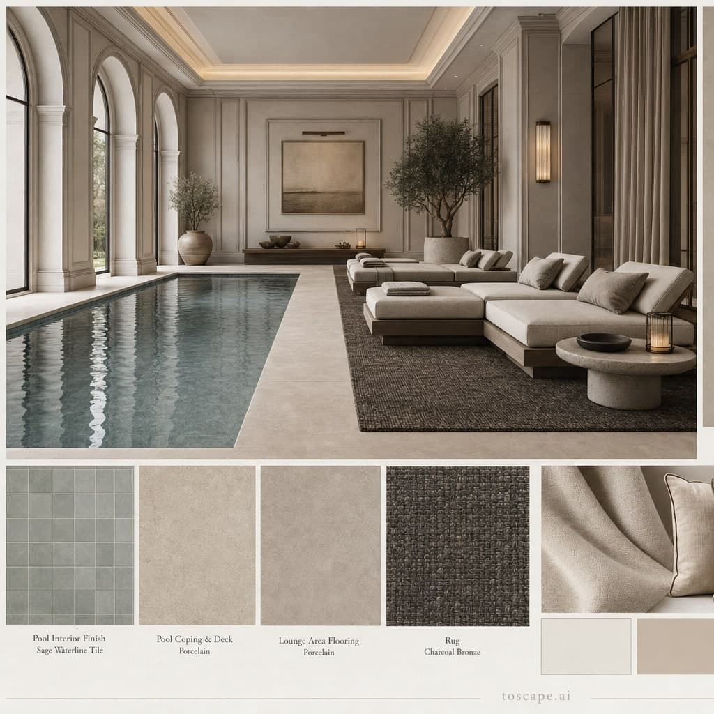 Neoclassic Warm Neutral Pool Lounge — Honed Stone interior moodboard card