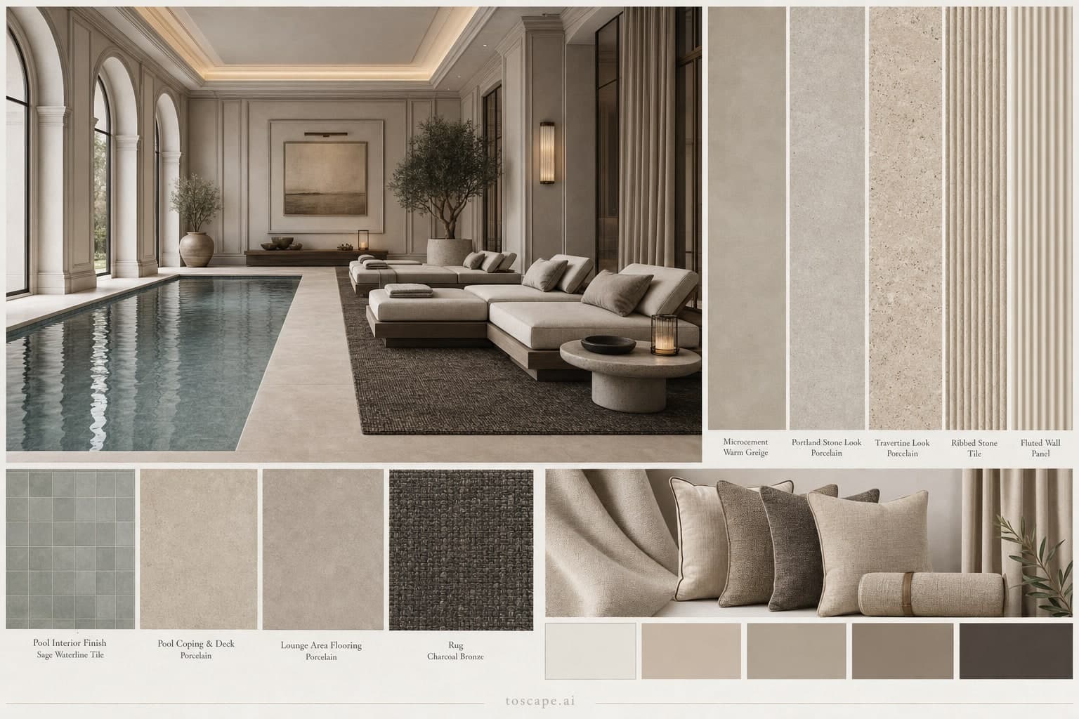 Neoclassic Warm Neutral Pool Lounge — Honed Stone interior moodboard plate
